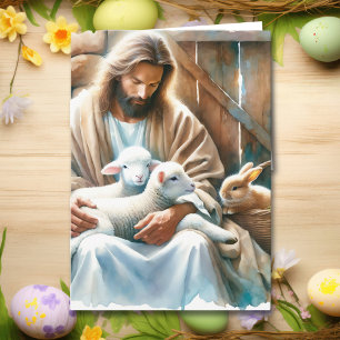 Jesus sitting with Lambs and Bunny   Easter Card