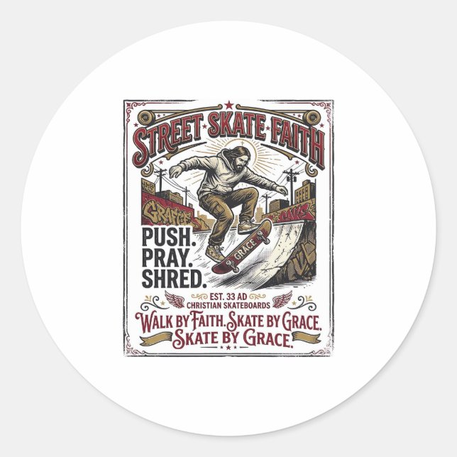 Jesus Skate Longboard Shirt Christian Classic Round Sticker (Front)