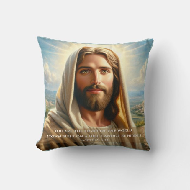 Jesus Smiling Under a Heavenly Sky Cushion (Front)