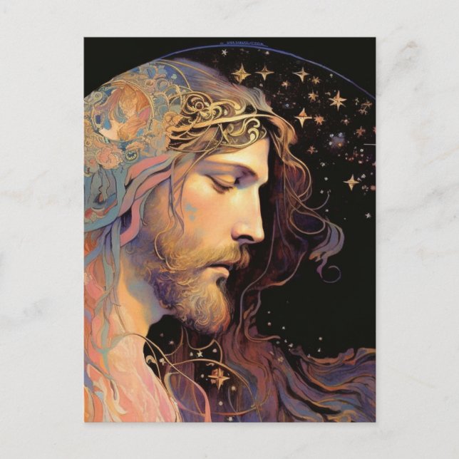 Jesus Stained Glass Black Background Postcard (Front)