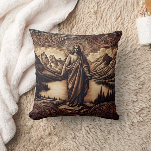 Jesus Standing Before Majestic Mountains at Dawn Cushion (Blanket)