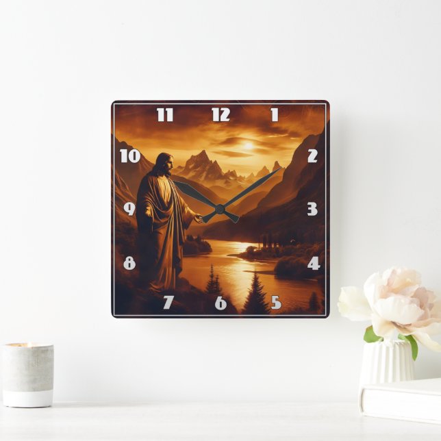 Jesus Standing by River at Sunset in Mountains Square Wall Clock (Home)