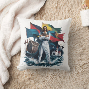 Jesus stands firm among waves and flags cushion