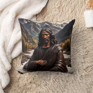 Jesus Statue in Mountain River Landscape Cushion
