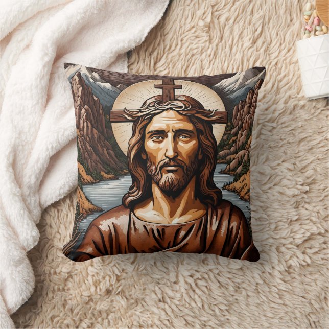 Jesus Surrounded by Mountains and River Cushion (Blanket)