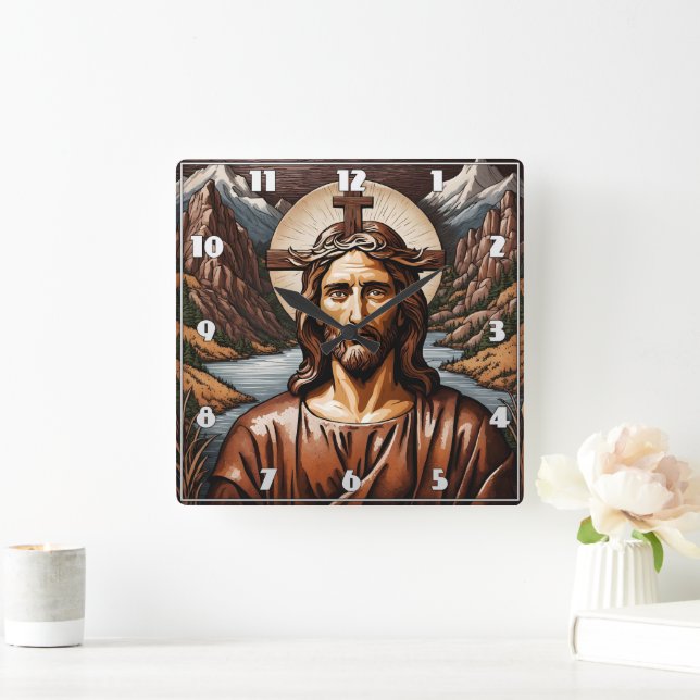 Jesus Surrounded by Mountains and River Square Wall Clock (Home)