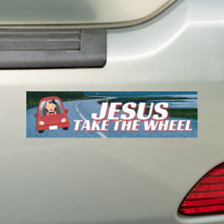Jesus Take The Wheel Funny Cartoon Christian Bumper Sticker