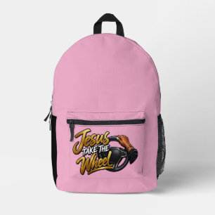 Jesus take the wheel printed backpack