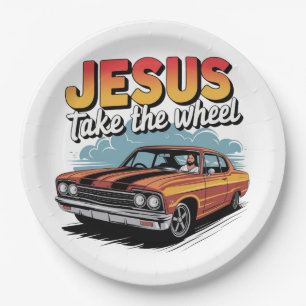 Jesus Take the Wheel Vintage Muscle Car Paper Plate