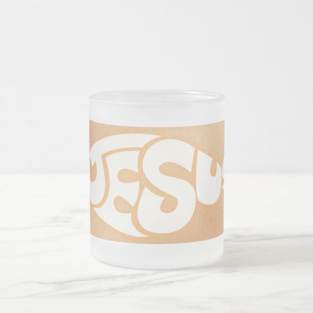 Jesus Text in Fish Shape Orange Background Frosted Glass Coffee Mug (Center)