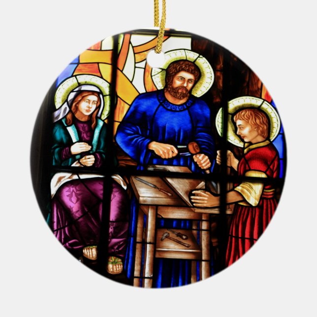 Jesus the carpenter stained glass window ceramic tree decoration (Front)