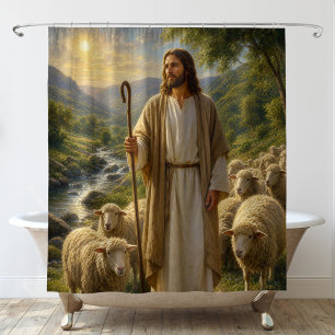 Jesus the Good Shepherd in Golden Valley Shower Curtain