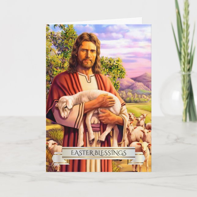 Jesus The Good Shepherd Painting Easter Cards (Front)