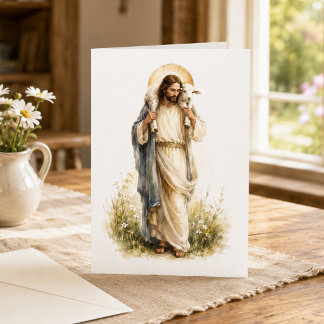 Jesus the Good Shepherd Watercolor Christian Card