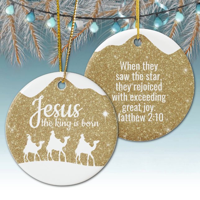 Jesus the King is Born Divine Passage ⛪️ 🎄 Ceramic Tree Decoration (Customizable phrase Jesus the King is Born, Inspirational Holiday Ceramic Ornament Gold Sparkle 🤴✞)