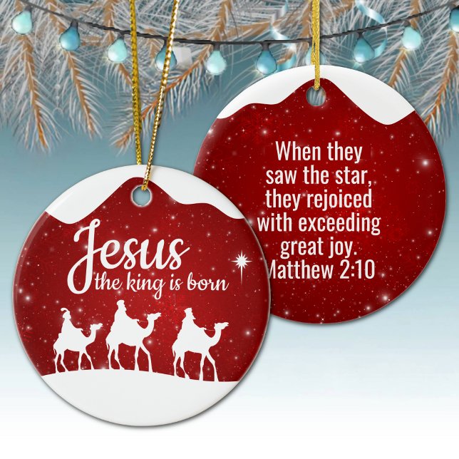 Jesus the King is Born Divine Passage ⛪️ 🎄 Ceramic Tree Decoration (Customizable phrase Jesus the King is Born, Inspirational Holiday Ceramic Ornament Red Sparkle 🤴✞)