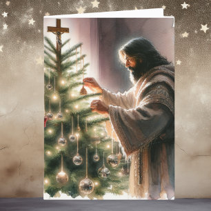 Jesus the Messiah Decorating Christmas Tree Holiday Card