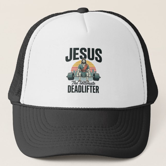 Jesus The Ultimate Deadlifter Vintage Trucker Hat (Front)