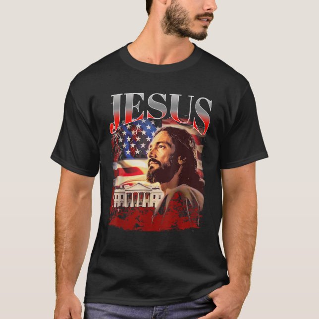 Jesus USA America Patriot Meme 90s Bootleg Rap Mer T-Shirt (Front)