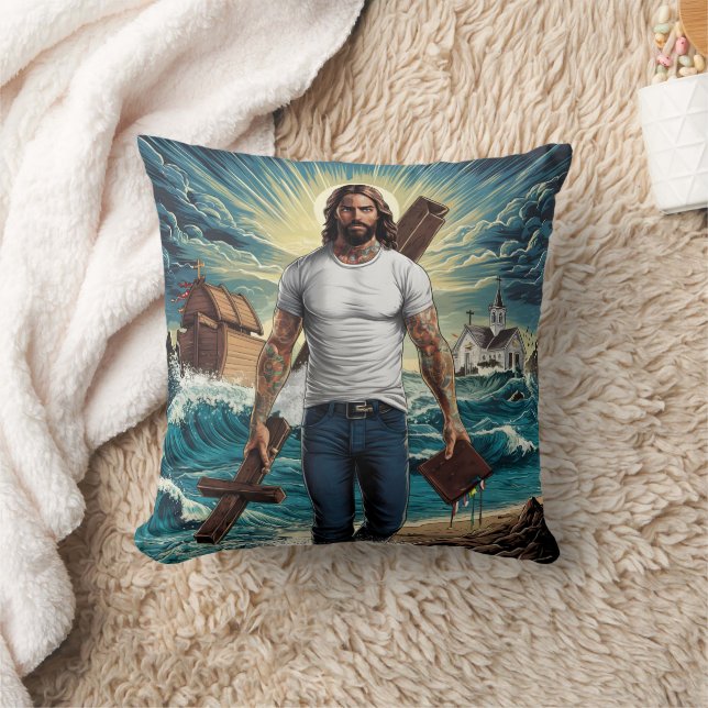 Jesus walking on turbulent waters with a cross cushion (Blanket)