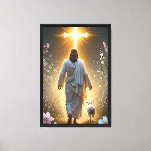 Jesus Walking Towards Glowing Cross Canvas Print