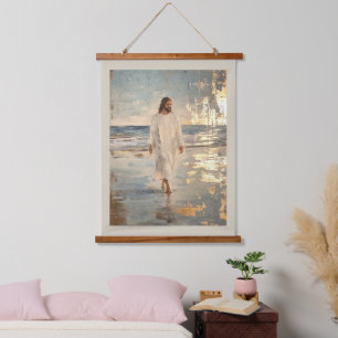 Jesus walks on the water in white clothes hanging tapestry