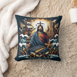 Jesus with a sacred book in stormy seas cushion