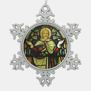 Jesus with Arms Outstretched Snowflake Pewter Christmas Ornament