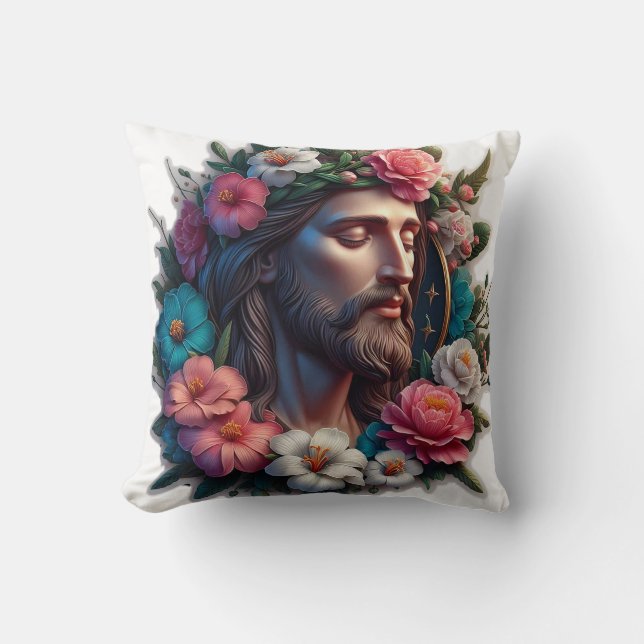 Jesus With Flowers Throw Pillow (Front)