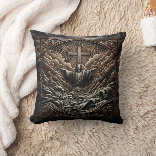 Jesus With Outstretched Arms Amid Stormy Waves Cushion (Blanket)