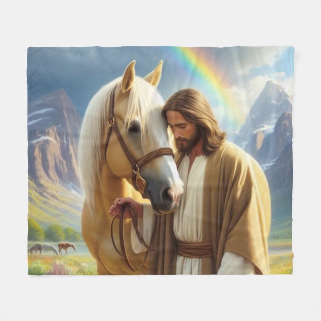 Jesus with Palomino Horse in Scenic Landscape  Fleece Blanket (Front (Horizontal))