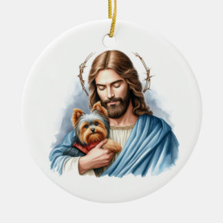 Jesus with Yorkie 1st Christmas in heaven Ceramic Tree Decoration