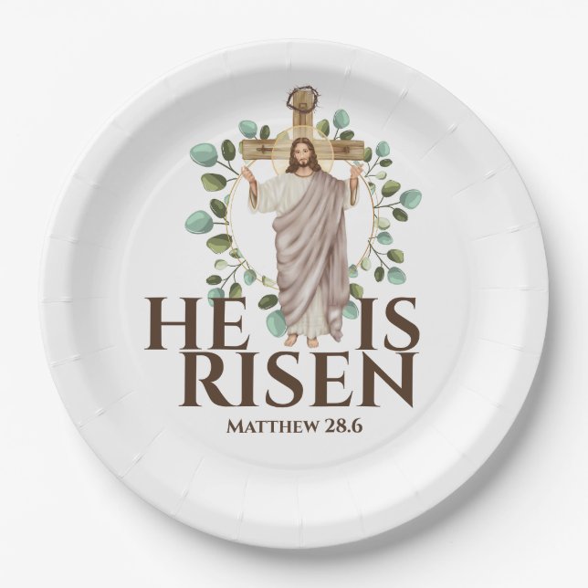Jesus wooden cross He is Risen Easter holiday Paper Plate (Front)