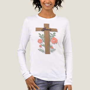 Jesus Word Art Cross With Coral Flowers Tri-Blend Shirt
