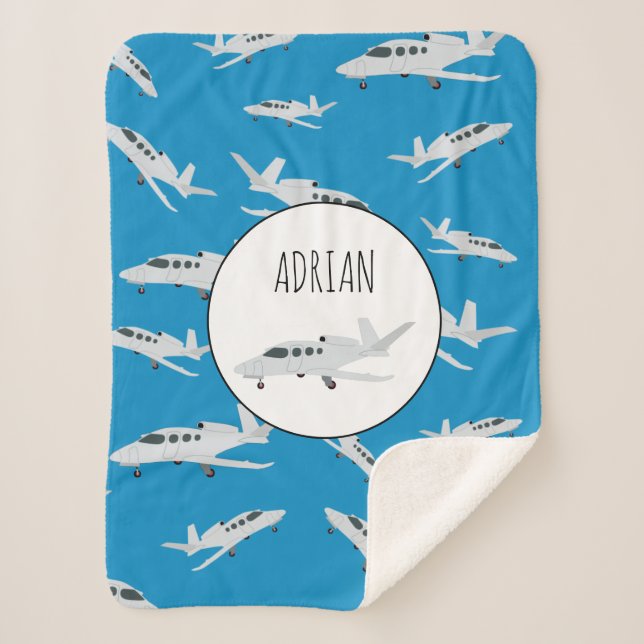 Jet Aeroplane Pattern Custom Name Sherpa Blanket (Front)