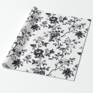 Jet Black Peony Vine Toile Wrapping Paper
