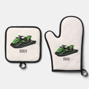 Jet ski cartoon illustration oven mitt & pot holder set