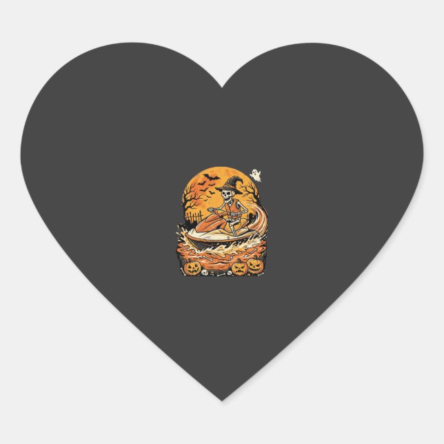 Jet Ski Halloween Skeleton Witch Pumpkin Design_1 Heart Sticker (Front)