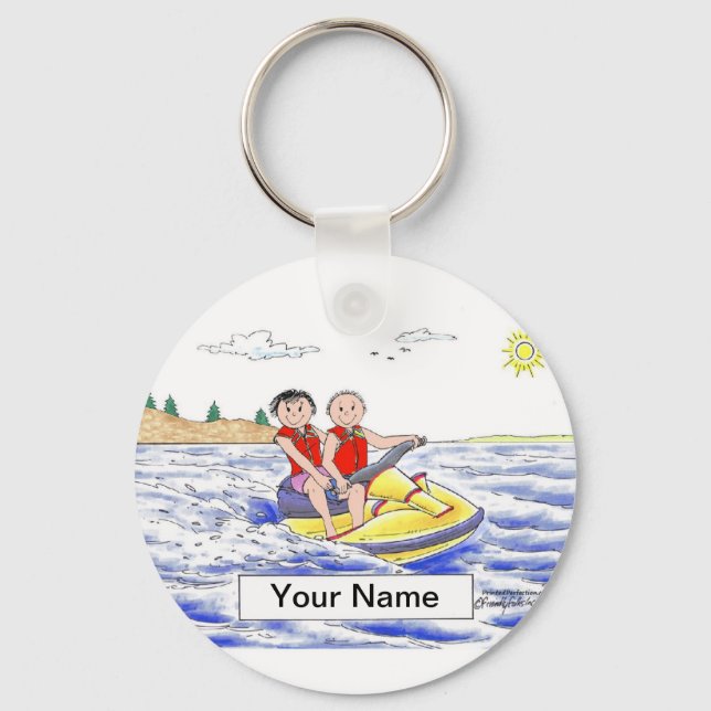 Jet Ski Riding Couple Cartoon by PrintedPerfection Key Ring (Front)