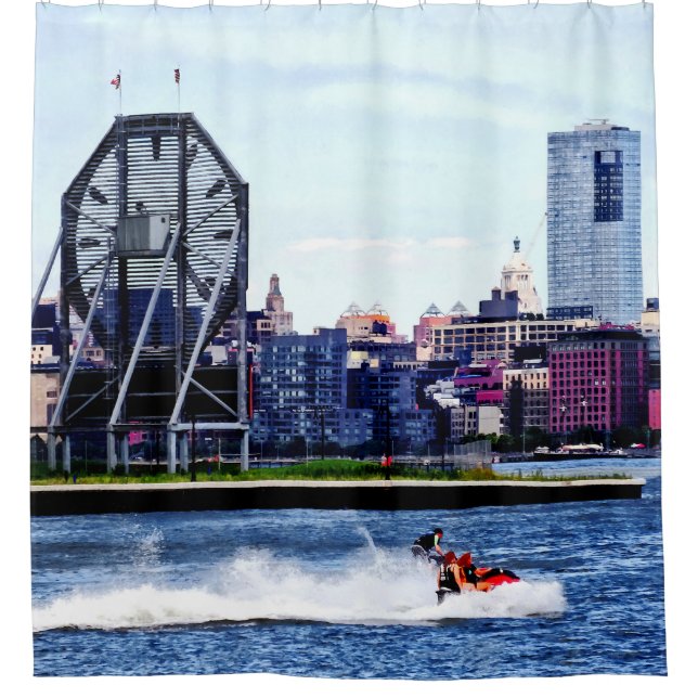 Jet Skiing by Colgate Clock Shower Curtain (Front)