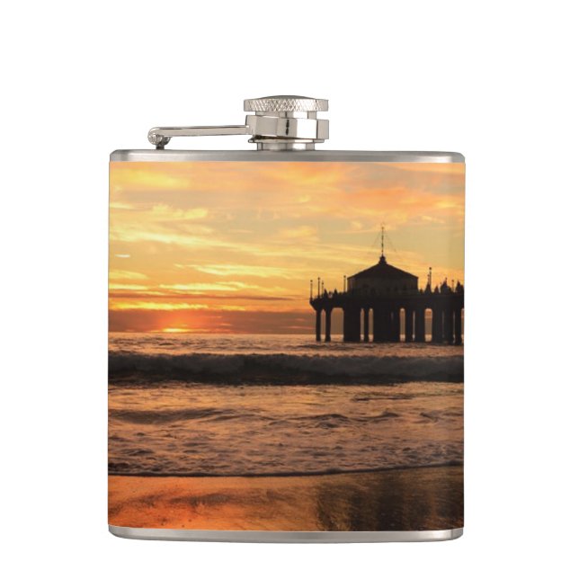 Jetty Over Ocean Beach Sunset Hip Flask (Front)