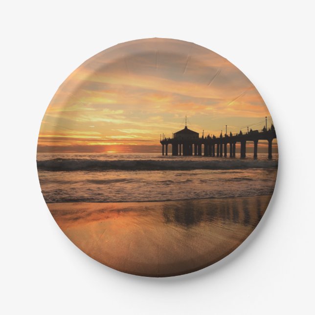 Jetty Over Ocean Beach Sunset Paper Plate (Front)