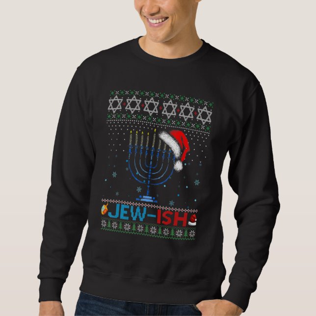 Jew ish Jewish Pun Menorah Santa Hanukkah Christma Sweatshirt (Front)