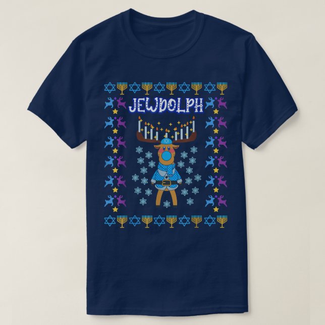 Jewdolph Jewish Reindeer Hanukkiah Fun Ugly Hanukk T-Shirt (Design Front)