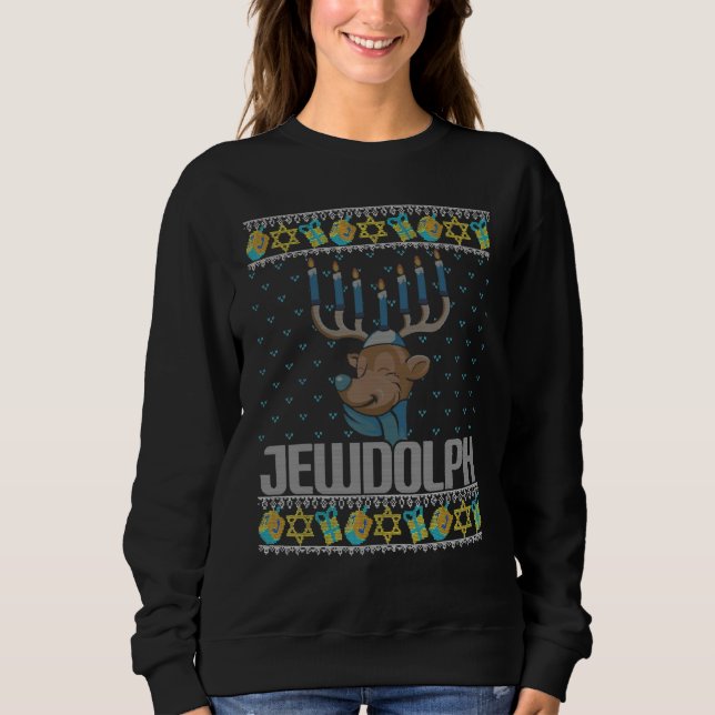 Jewdolph Ugly Hanukkah Sweater Reindeer Menorah Ch (Front)
