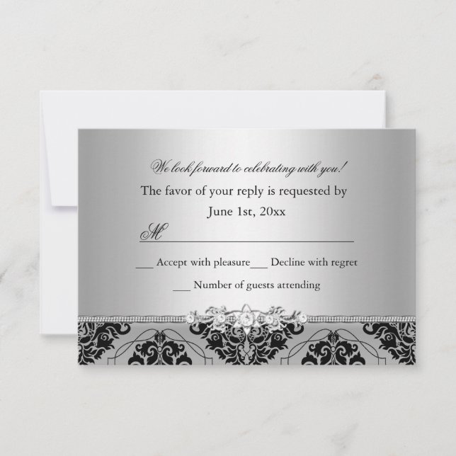 Jewel & Black Damask Silver RSVP (Front)