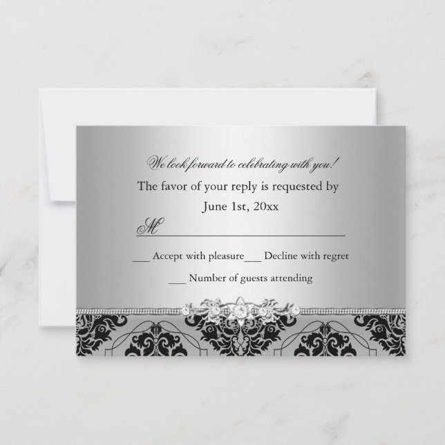 Jewel & Black Damask Silver RSVP Card (Front)