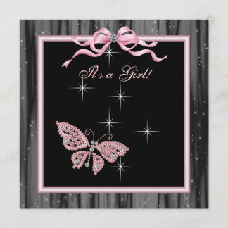 Jewel Butterfly Pink Black Baby Girl Shower Invitation