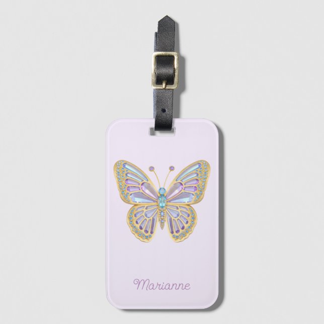 Jewel Butterfly Purple Blue Gold Luggage Tag (Front Vertical)