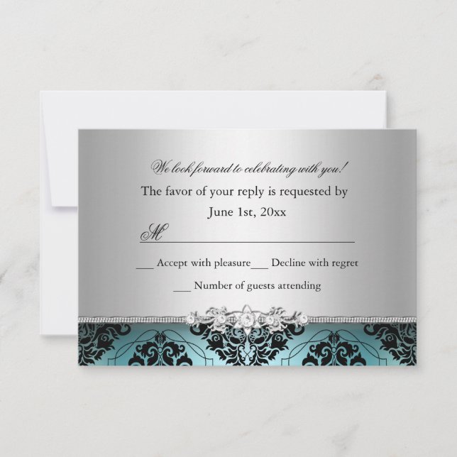 Jewel Damask Teal & Silver RSVP (Front)